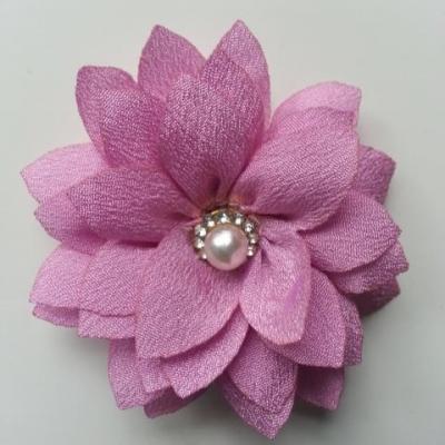 fleur en tissu centre perle et strass de 55mm vieux rose